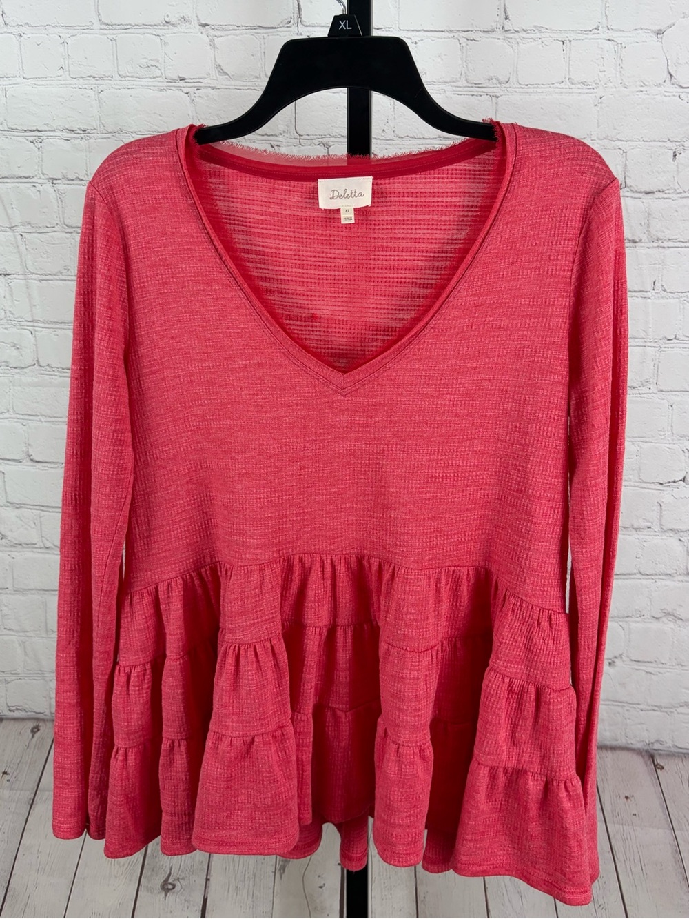 Deletta Anthropologie Pink V-Neck Ruffle Tiered Peplum Long Sleeve Top Size XS